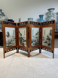 A Chinese famille rose square brush pot and a four-fold table screen with qianjiang cai plaques, Republic, dated 1947