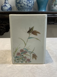 A Chinese famille rose square brush pot and a four-fold table screen with qianjiang cai plaques, Republic, dated 1947