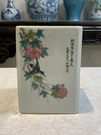 A Chinese famille rose square brush pot and a four-fold table screen with qianjiang cai plaques, Republic, dated 1947