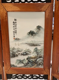 A Chinese famille rose square brush pot and a four-fold table screen with qianjiang cai plaques, Republic, dated 1947