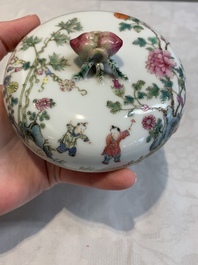A Chinese famille rose '100 boys' covered box and a plate, Guangxu mark, Republic