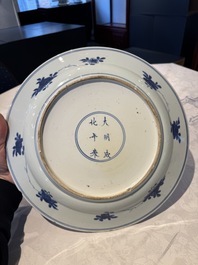 A pair of Chinese blue and white 'floral' dishes, Chenghua mark, Kangxi