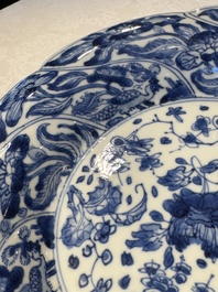 A Chinese blue and white lobed 'flower' plate and a 'phoenix and monkeys' plate, Kangxi