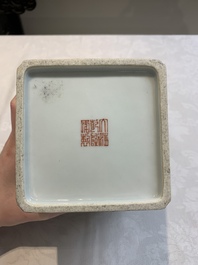 A Chinese famille rose square brush pot and a four-fold table screen with qianjiang cai plaques, Republic, dated 1947