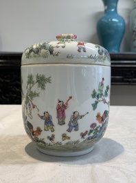 A Chinese famille rose '100 boys' covered box and a plate, Guangxu mark, Republic