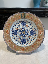 A Chinese verte-Imari plate and a famille rose armorial alliance plate, Qianlong