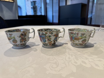 14 Chinese Canton famille rose 'Wu Shuang Pu-style' cups and saucers, 19th C.