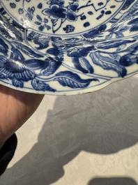 A Chinese blue and white lobed 'flower' plate and a 'phoenix and monkeys' plate, Kangxi
