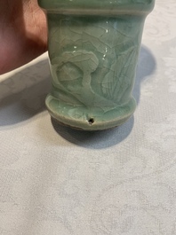 A Chinese Longquan celadon 'gu' vase with 'anhua' floral design and a bowl, Ming