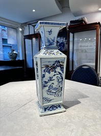 A Chinese blue, white and copper-red square-sectioned vase with figural design, Kangxi