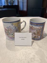 Two Chinese famille rose Canton export boat scene mugs, Qianlong