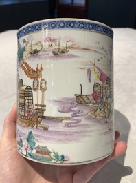 Two Chinese famille rose Canton export boat scene mugs, Qianlong