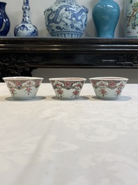 Ten Chinese famille rose cups with floral design and eight saucers, Qianlong