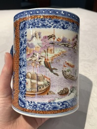 Two Chinese famille rose Canton export boat scene mugs, Qianlong