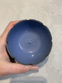 A Chinese blue-glazed Yixing stoneware 'lotus' bowl, and a brush rest on wooden stand, 18/19th C.