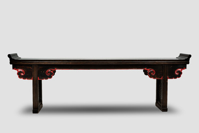 A massive Chinese red-and-black-lacquered altar table, 'qiaotouan', Qing