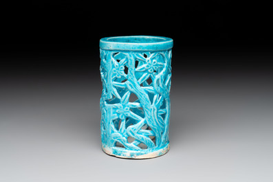 A Chinese turquoise-glazed reticulated brush pot, 18th C.