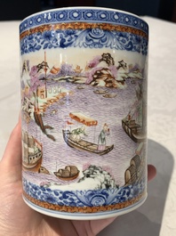 Two Chinese famille rose Canton export boat scene mugs, Qianlong