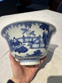 A large Chinese blue and white 'Zhu Lin Qi Xian 竹林七賢' bowl, Kangxi