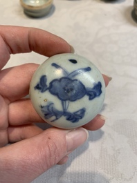 Five Chinese blue, white and monochrome jarlets and seven covered boxes, Yuan/Ming