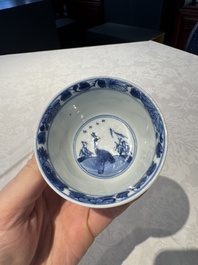 Two Chinese blue and white cups and saucers, Kangxi/Yongzheng