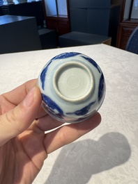 Two Chinese blue and white cups and saucers, Kangxi/Yongzheng
