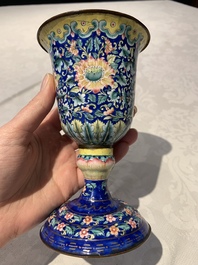 A rare Chinese blue-ground Canton enamel chalice after a European silver example, Qianlong