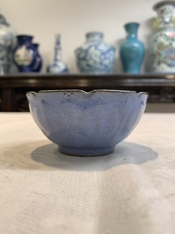 A Chinese blue-glazed Yixing stoneware 'lotus' bowl, and a brush rest on wooden stand, 18/19th C.