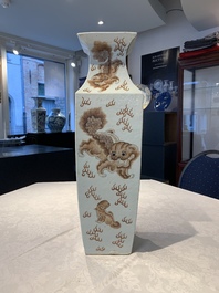 A Chinese iron-red and white 'Buddhist lion' square vase, Chenghua mark, 19/20th C.