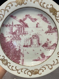 A Chinese puce-enamelled and gilt-decorated 'harbour scene' plate, Qianlong