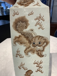 A Chinese iron-red and white 'Buddhist lion' square vase, Chenghua mark, 19/20th C.
