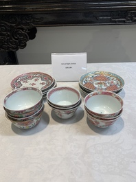Ten Chinese famille rose cups with floral design and eight saucers, Qianlong