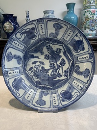 A Chinese blue and white 'kraak' dish and a plate with deer and birds, Wanli