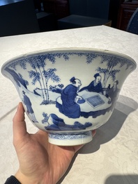 A large Chinese blue and white 'Zhu Lin Qi Xian 竹林七賢' bowl, Kangxi