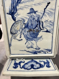 A Chinese blue, white and copper-red square-sectioned vase with figural design, Kangxi