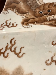 A Chinese iron-red and white 'Buddhist lion' square vase, Chenghua mark, 19/20th C.