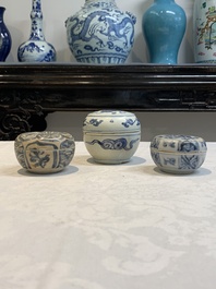 Five Chinese blue, white and monochrome jarlets and seven covered boxes, Yuan/Ming
