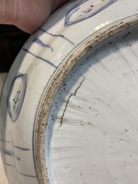 A Chinese blue and white 'kraak' dish and a plate with deer and birds, Wanli