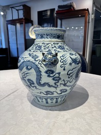 A fine Chinese blue and white 'dragon' vase with mythical-beast-shaped handles, probably Yuan