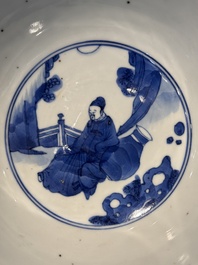 A large Chinese blue and white 'Zhu Lin Qi Xian 竹林七賢' bowl, Kangxi