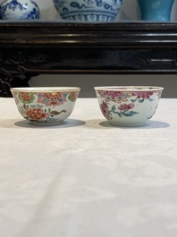 Ten Chinese famille rose cups with floral design and eight saucers, Qianlong