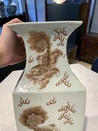 A Chinese iron-red and white 'Buddhist lion' square vase, Chenghua mark, 19/20th C.