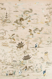 A very large Chinese beige-ground embroidered silk panel depicting scenes of Chinese rural life, 19th C.