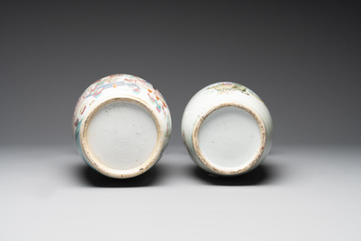 A Chinese famille rose '100 boys' vase and a 'ladies and flowers' vase, signed Wang Liji 汪利记, 19/20th C.