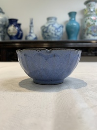 A Chinese blue-glazed Yixing stoneware 'lotus' bowl, and a brush rest on wooden stand, 18/19th C.