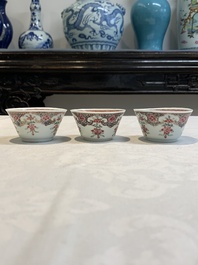 Ten Chinese famille rose cups with floral design and eight saucers, Qianlong