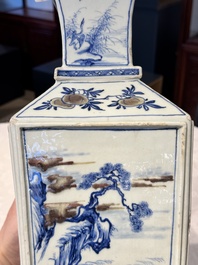 A Chinese blue, white and copper-red square-sectioned vase with figural design, Kangxi