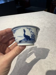 Two Chinese blue and white cups and saucers, Kangxi/Yongzheng