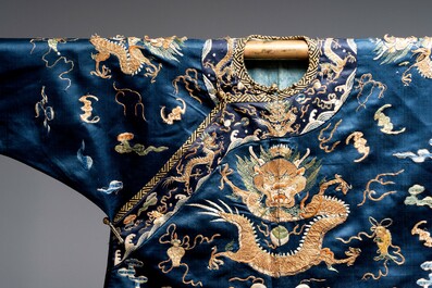 A Chinese gold-thread-embroidered blue-ground silk 'dragon' robe, 18/19th C.
