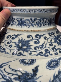 A fine Chinese blue and white 'dragon' vase with mythical-beast-shaped handles, probably Yuan